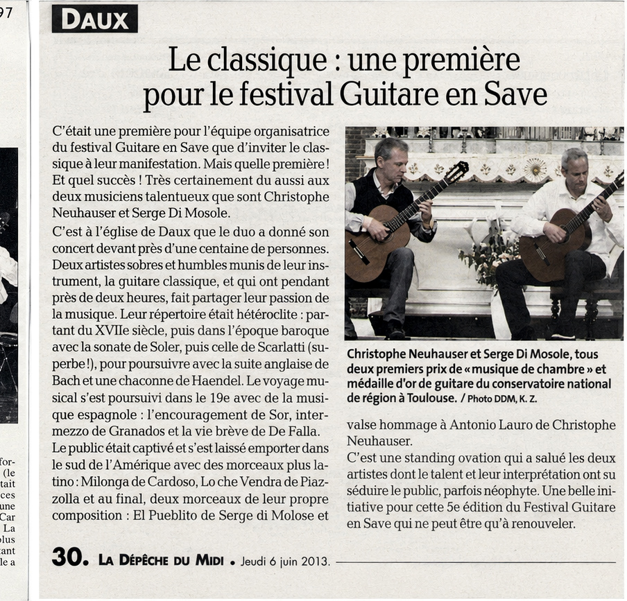 Article de presse consacré au Duo lors du Festival Guitare en Save à Daux